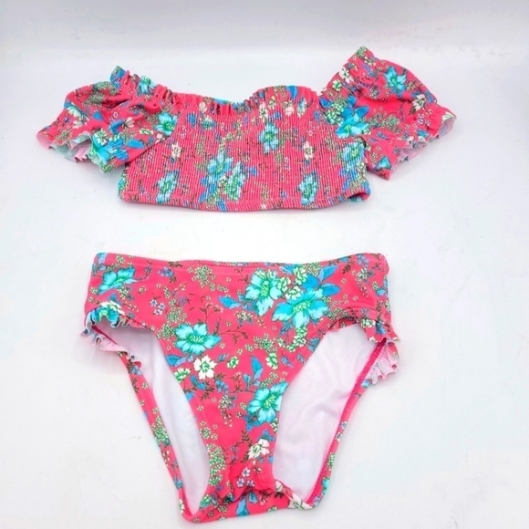 JANIE AND JACK FLORAL PUFF SLEEVE 2-PIECE SWIMSUIT IN PINK TART FLORAL SIZE 4 - Picture 1 of 15